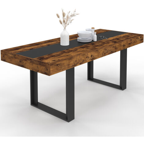 Idmarket – Table extensible rectangle 160-200 cm – 6 à 10 personnes – Bois effet vieilli et noir – Design loft moderne avec bande centrale noire