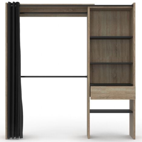 Dressing extensible MARTY 120/170 x 50 x 180 cm hêtre avec étagères + double penderie + rideau noir