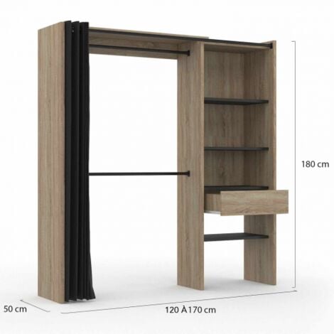 Dressing extensible MARTY 120/170 x 50 x 180 cm hêtre avec étagères + double penderie + rideau noir