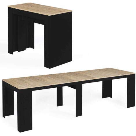 Idmarket – Table console extensible 14 personnes 300 cm – Bois noir et hêtre – 5 rallonges de 51 cm – Compacte et fonctionnelle