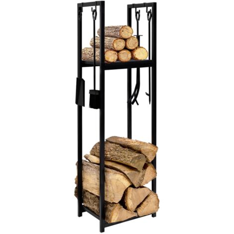Idmarket – Range bûches vertical acier noir – 112 cm H x 33 cm L x 33 cm P – 4 accessoires inclus – Pour rangement intérieur élégant
