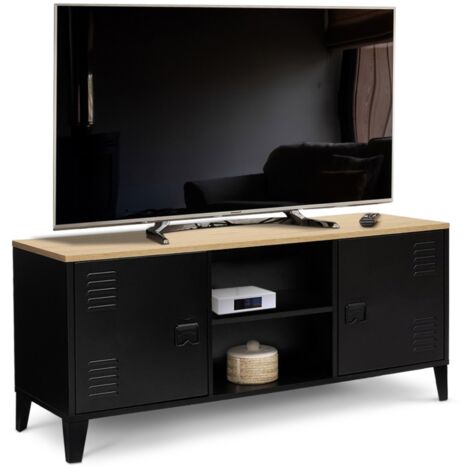 Idmarket – Meuble TV 113 cm 2 portes métal noir – Plateau bois façon hêtre – Style industriel – Compartiments ouverts pour box et consoles