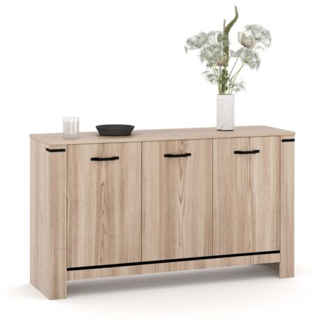 Idmarket – Buffet 140 cm 3 portes en bois clair et métal noir – Design contemporain – Rangement optimal pour salon ou salle à manger