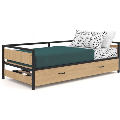 Idmarket – Lit gigogne 90 x 190 cm convertible 180 x 190 cm – Style industriel bois noir – Pour matelas jusqu'à 25 cm d'épaisseur – Montage facile