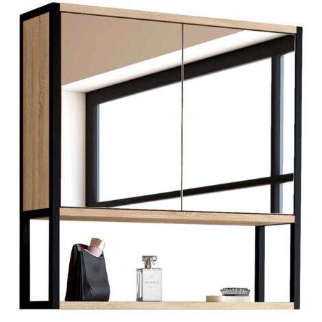 Idmarket – Meuble de rangement suspendu salle de bain avec miroir – Dimensions 60x15x60 cm – Fixation murale – Bois et métal noir – Style industriel