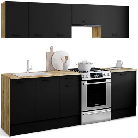 Idmarket – Cuisine complète 240 cm – Plan de travail 2.5 cm – Éléments bois et noir – Hauteur 90 cm – Largeur 60 cm pour aménagement moderne