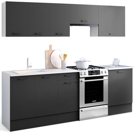 Idmarket – Cuisine complète 240 cm – 7 éléments blanc et gris – Panneaux mélaminés 15 mm – Hauteur 210 cm – Largeur 60 cm