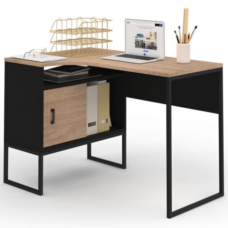 Bureau d'angle ROB noir et façon hêtre niche de rangement et porte design industriel
