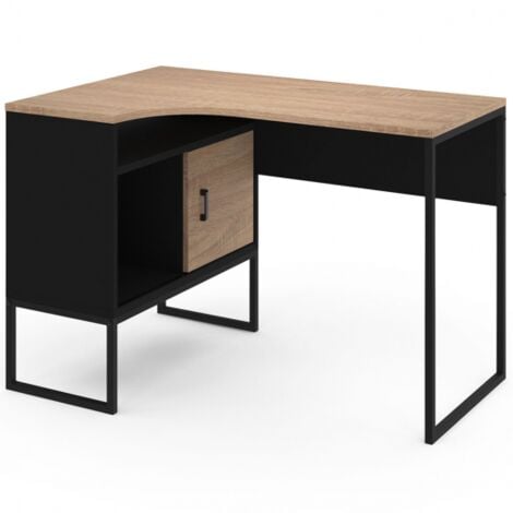 Bureau d'angle ROB noir et façon hêtre niche de rangement et porte design industriel