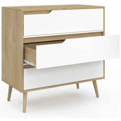 Commode 3 tiroirs HELSINKI 80 cm scandinave bois et blanc