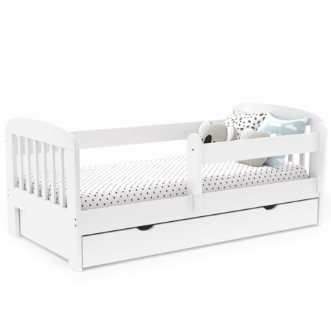 Idmarket – Lit enfant 80 x 160 cm avec 1 tiroir de rangement – Barrières de sécurité – Sommier 12 lattes en contreplaqué – MDF blanc