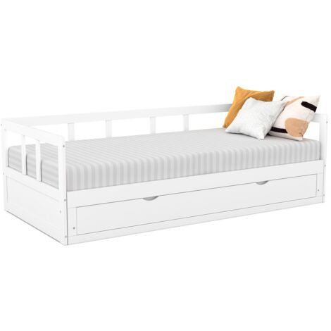 Idmarket – Lit gigogne 90 x 190 cm blanc – Convertible 180 x 190 cm – Avec tiroir de rangement – Montage facile – Pour espaces réduits