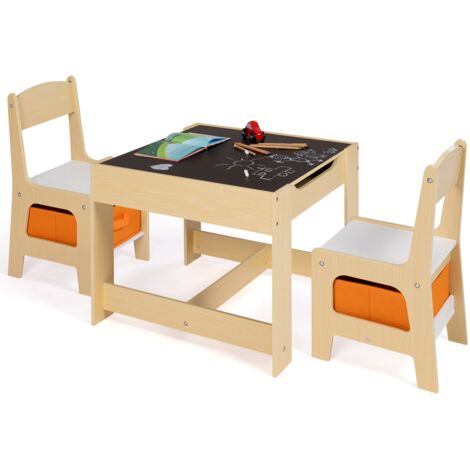 Idmarket – Ensemble table à dessin réversible 61,5x61,5cm + 2 chaises avec rangements en MDF – Design épuré bois clair – Hauteur 48cm – Pour enfants
