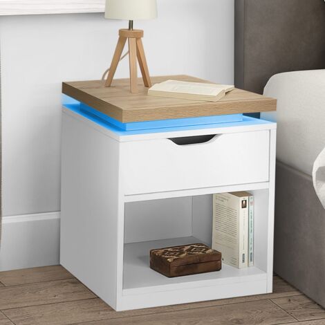 IDMARKET Lot de 2 tables de chevet LUNA à LEDS 1 tiroir avec niche blanc et plateau effet bois