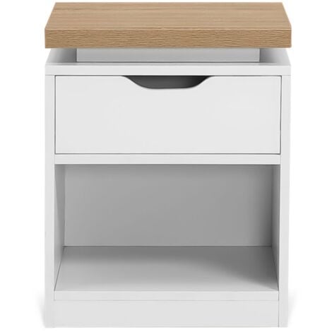 IDMARKET Lot de 2 tables de chevet LUNA à LEDS 1 tiroir avec niche blanc et plateau effet bois