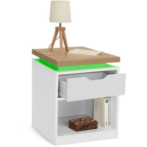 IDMARKET Lot de 2 tables de chevet LUNA à LEDS 1 tiroir avec niche blanc et plateau effet bois