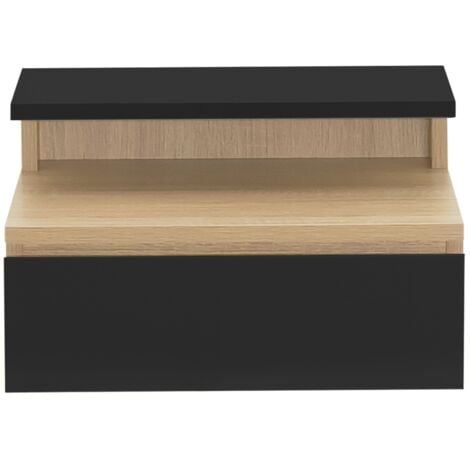 Lot de 2 tables de chevet murales TOMI 1 tiroir + 1 tablette étagère suspendue + 1 tablette façon hêtre et noir