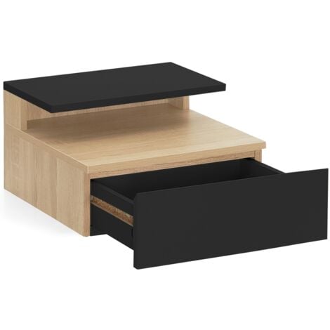 Lot de 2 tables de chevet murales TOMI 1 tiroir + 1 tablette étagère suspendue + 1 tablette façon hêtre et noir