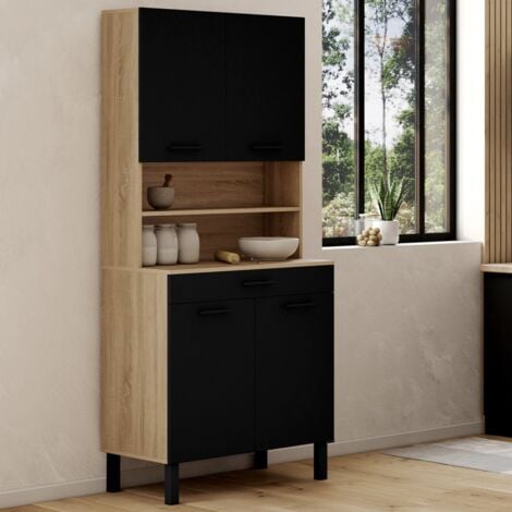 Buffet de cuisine 80 CM CINA 4 portes + tiroir façon hêtre et noir