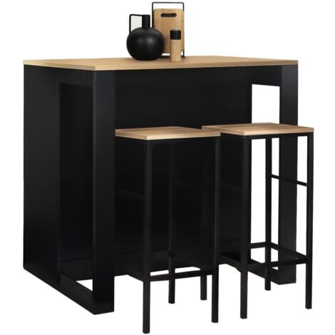 Ensemble table de bar îlot JUNO bois noir avec plateau façon hêtre et 2 tabourets de bar DETROIT