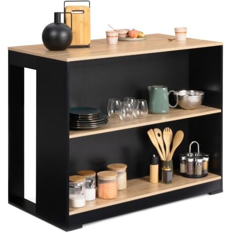Ensemble table de bar îlot JUNO bois noir avec plateau façon hêtre et 2 tabourets de bar DETROIT