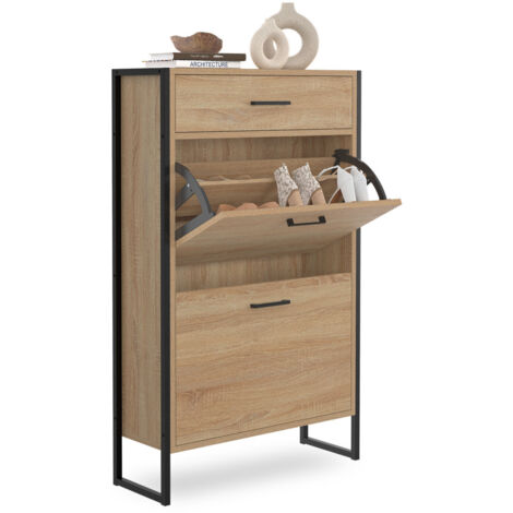 Idmarket – Meuble à chaussures 12 paires – 2 portes abattantes – Tiroir pratique – Dimensions 63x23,5x115 cm – Design industriel en bois et métal