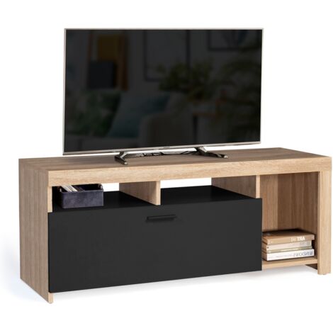 Idmarket – Meuble TV 110 cm – Placard noir en panneaux de particules – 3 niches ouvertes pour équipements multimédias – Montage facile (1/5)