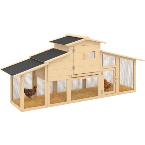 Idmarket – Poulailler XXL en bois de pin pour 2 à 3 poules – Dimensions 201x55x86 cm – Avec pondoir et enclos grillagé – Tiroir à déjection amovible