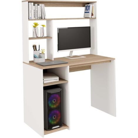 Bureau avec étagères de rangement DAN blanc et façon hêtre