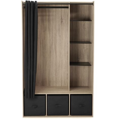 Dressing penderie DIANE 105 x 50 x 172 cm hêtre avec étagères + boites de rangement + rideau noir