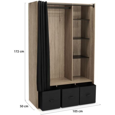 Dressing penderie DIANE 105 x 50 x 172 cm hêtre avec étagères + boites de rangement + rideau noir