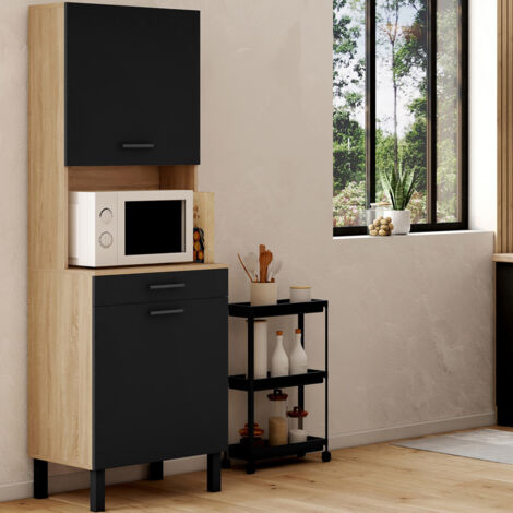 Idmarket – Buffet de cuisine 60 cm – 2 portes et tiroir – Structure en panneaux mélaminés – Niche pour micro-ondes avec passe-câble