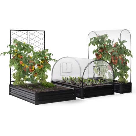 Idmarket – Kit complet 3 bacs métal modulables carrés potager avec serre à tomates – Dimensions 115x80x60cm – Acier et bâche PVC – Treillis inclus