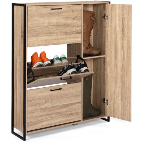 Idmarket – Meuble à chaussures 20 paires – 4 portes – Design industriel en métal noir et bois imitation hêtre – Dimensions 93x23.5x115 cm