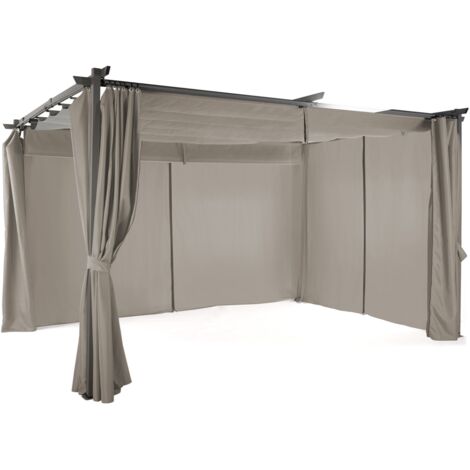 Pergola édition limitée toit rétractable 3x4 M et 4 rideaux taupe