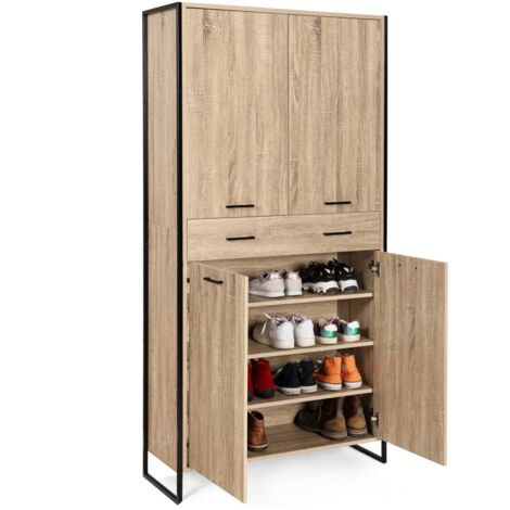 Idmarket – Armoire à chaussures 24 paires – 4 portes avec tiroir – Bi-matière bois hêtre et métal noir – H. 180 cm – Design industriel