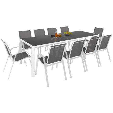 Idmarket – Ensemble table et 10 chaises empilables 240 cm – Structure en acier – Plateau en verre trempé – Coloris gris anthracite et blanc