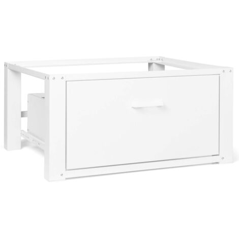 Idmarket – Support pour machine à laver en métal blanc 63 x 54 cm – Socle réhausseur 31,5 cm – Tiroir de rangement – Patins antiglisse