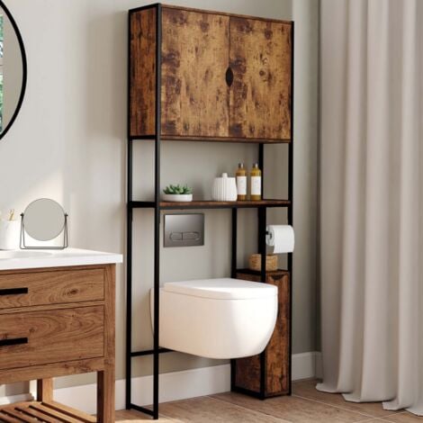 Meuble WC 3 en 1 avec armoires de rangement bois foncé DAYTON design industriel