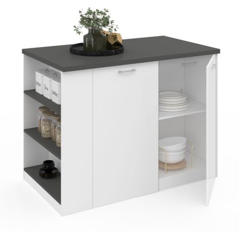 Idmarket – Îlot central 120 cm en bois blanc – Plan de travail gris anthracite – Rangement avec étagères ajustables – Coin repas pour 2 couverts