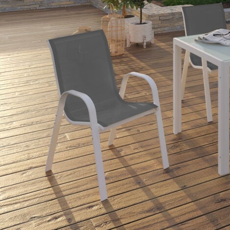 Lot de 4 chaises de jardin LYMA métal et textilène empilables blanc et gris