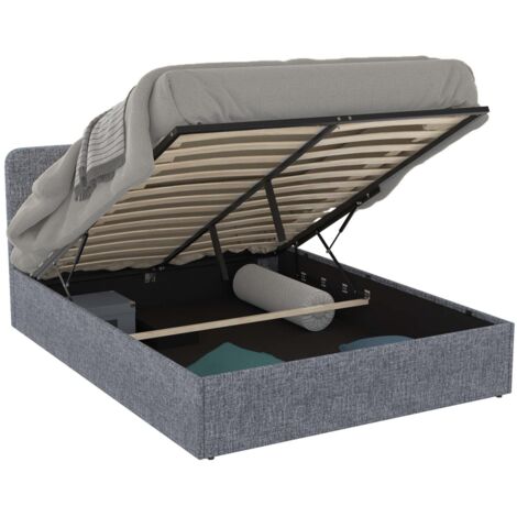 Idmarket – Lit coffre double 140 x 190 cm – Tête de lit arrondie – Coffre de rangement pratique – Tissu gris anthracite – Sommier relevable