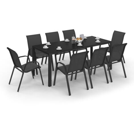 Salon de jardin MADRID table 190 CM et 8 chaises empilables noires