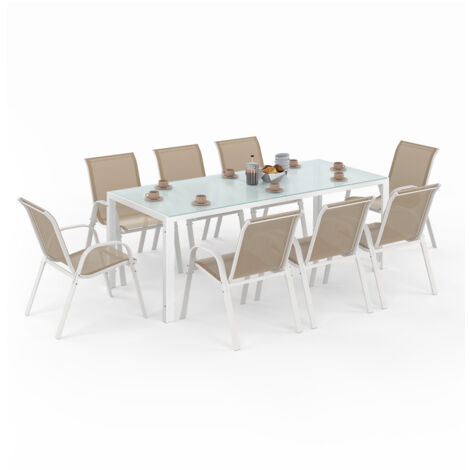 Idmarket – Ensemble table et 8 chaises empilables – Structure acier blanc – Plateau en verre trempé 190x80cm – Dossier et assise textilène beige