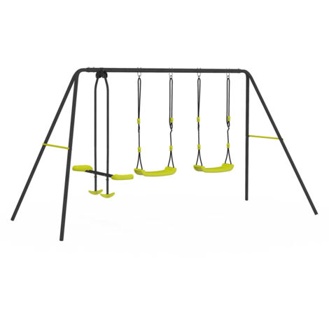 Idmarket – Balançoire 3 agrès portique – 2 balançoires simples et 1 face à face – Structure en acier thermolaqué – Dimensions 310x150x180cm
