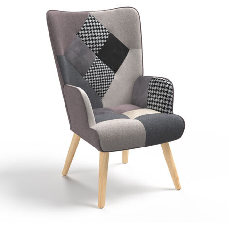 Idmarket – Fauteuil relax scandinave en tissu patchwork noir, gris et blanc – Assise rembourrée – Dossier haut 60 cm – Dimensions 71x75x94,5 cm