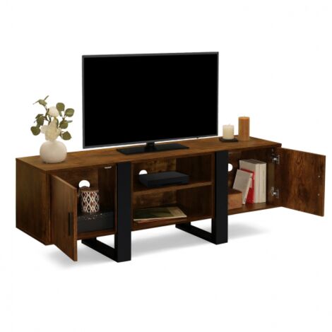 Meuble TV 140 Cm Phoenix - Bois Vieilli Et Noir, 3 Tiroirs, Style Vintage