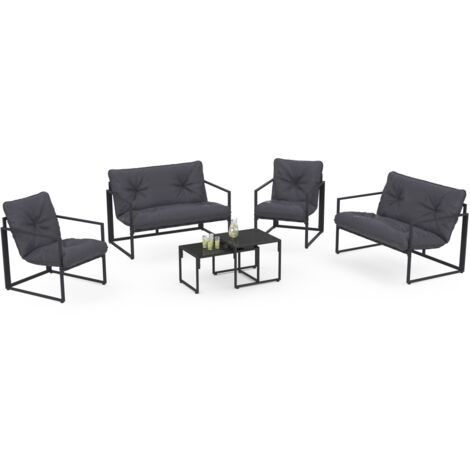 Idmarket – Salon de jardin bas 6 places en acier gris anthracite – 2 fauteuils, 2 banquettes, 2 tables gigognes – Coussins déperlants confortables