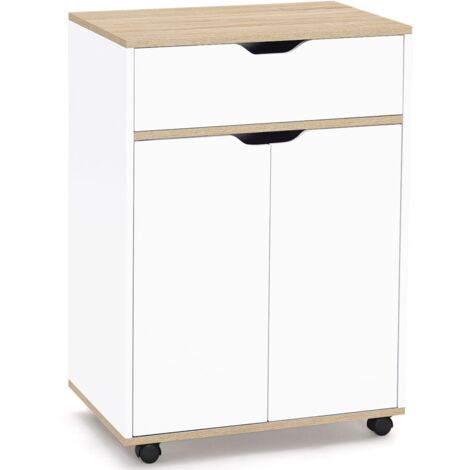 Idmarket – Desserte de cuisine avec tiroir bois blanc et plateaux façon hêtre – Longueur 60 cm – Étagère ajustable – 4 roulettes directionnelles