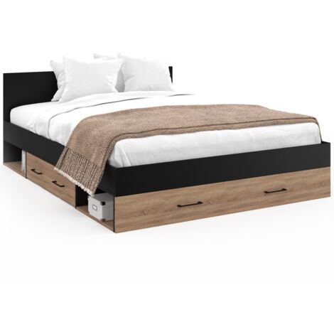 Idmarket – Lit double avec tiroirs 140x190 cm – Tête de lit 70 cm – Panneaux de particules hêtre et noir – 2 tiroirs de rangement